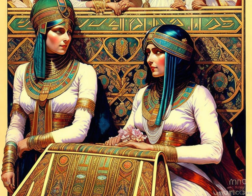 Ancient Egyptian women in ornate attire by hieroglyphic railing