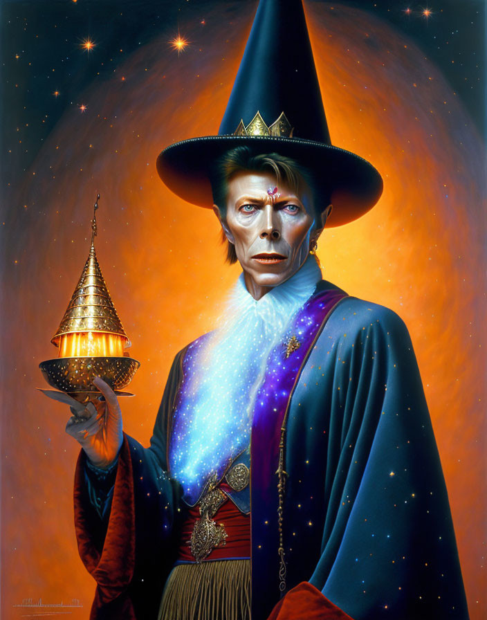 Portrait of person dressed as wizard with starry cape holding lit-up tower model against fiery backdrop.