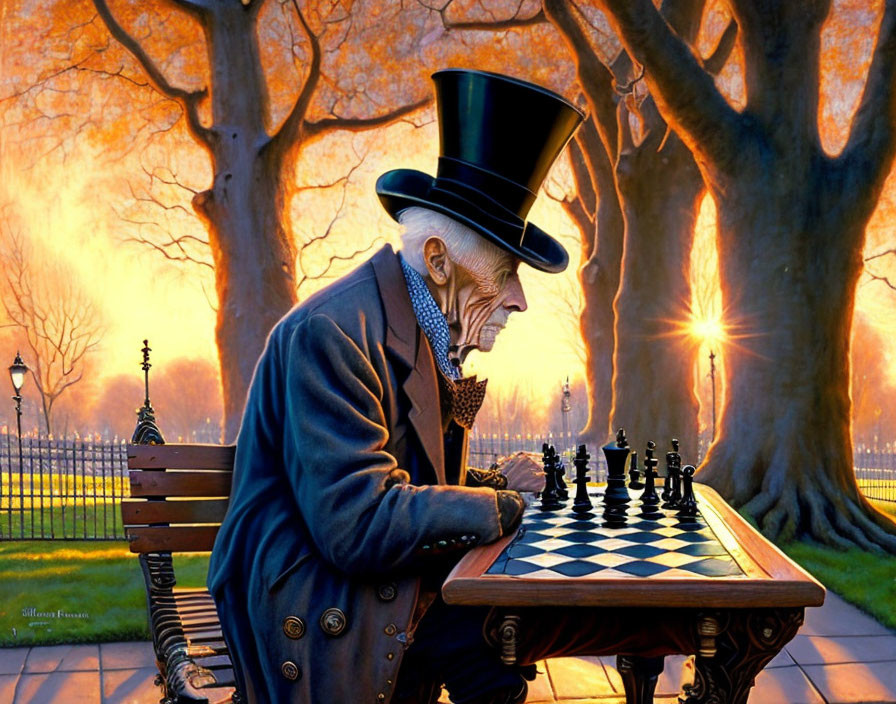 Elderly Gentleman in Top Hat Playing Chess at Sunset in Park