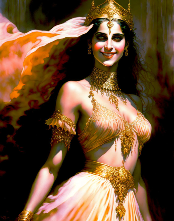 Smiling woman in ornate golden jewelry and peach attire with regal demeanor.