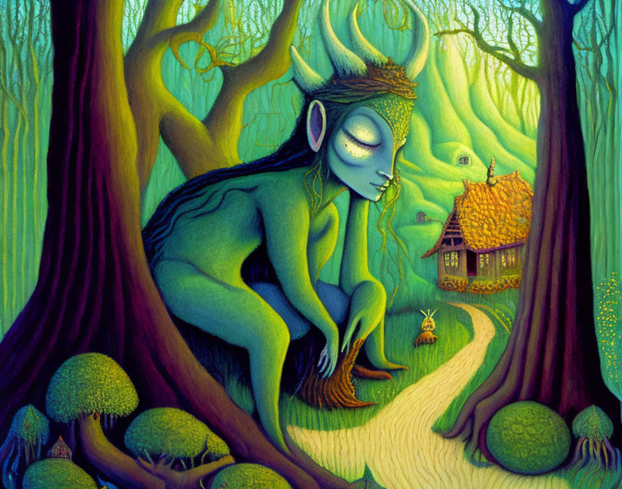 Green humanoid creature in vibrant forest near whimsical treehouse