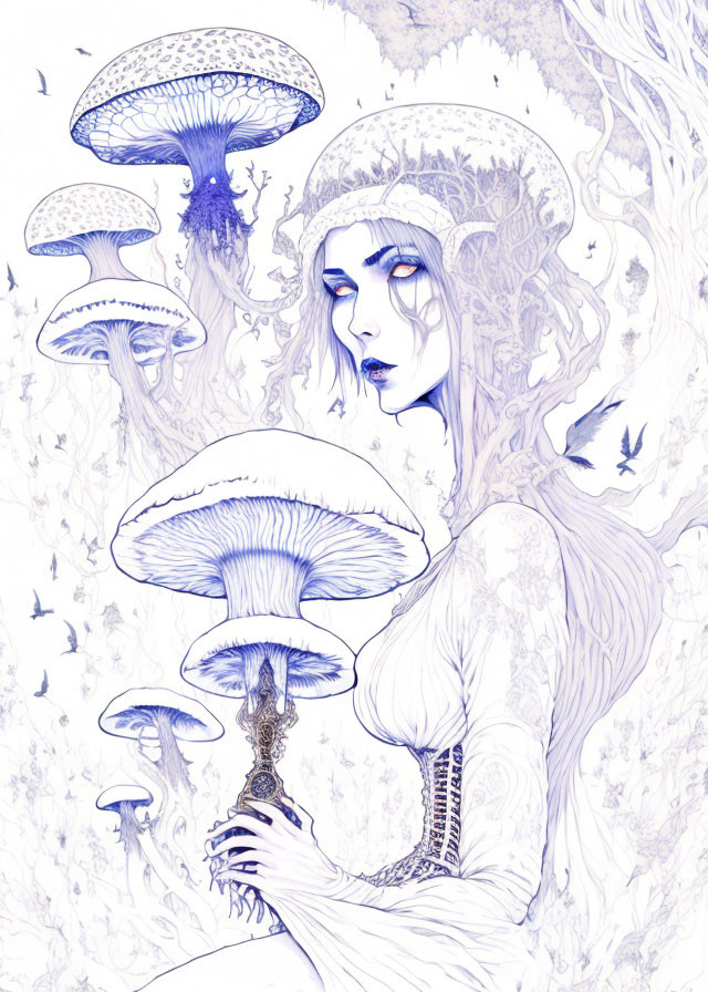 Ethereal illustration: Woman in mystical setting with luminescent mushrooms.