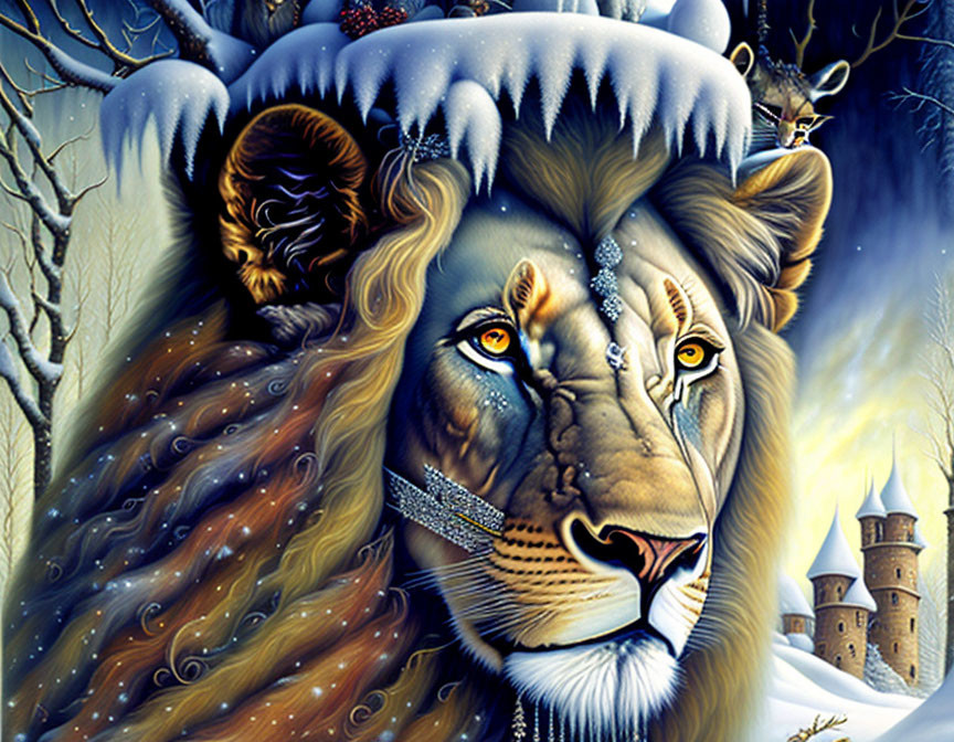 Majestic lion with snowy landscape and castle in mane