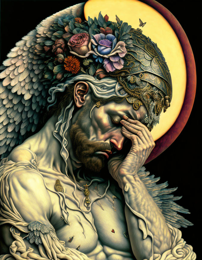 Detailed artwork of pensive angel in metallic armor with feathered wings