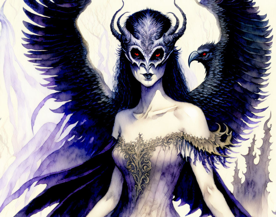 Fantasy illustration of female figure with dark ram horns, wings, and raven companion on watercolor