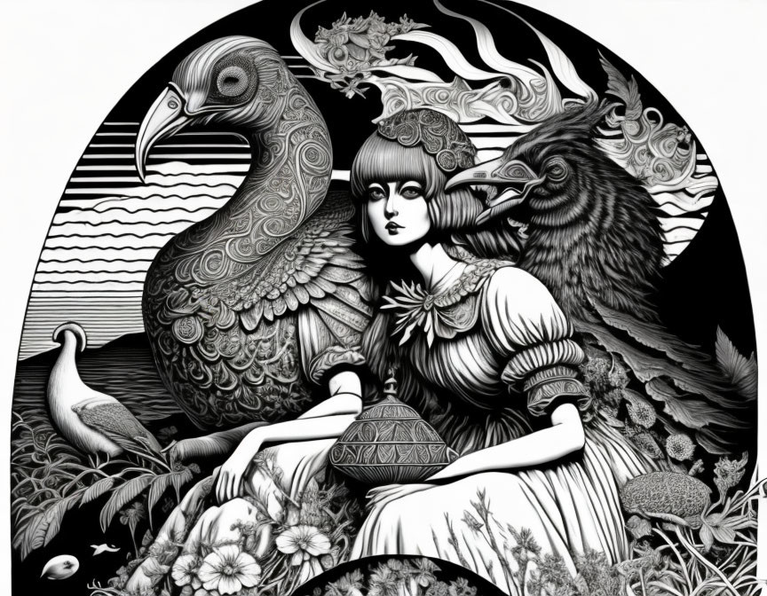 Monochromatic woman with bob haircut among birds and plants in circular border