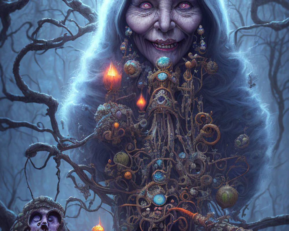 Illustration: Eerie witch with glowing purple eyes in sinister forest