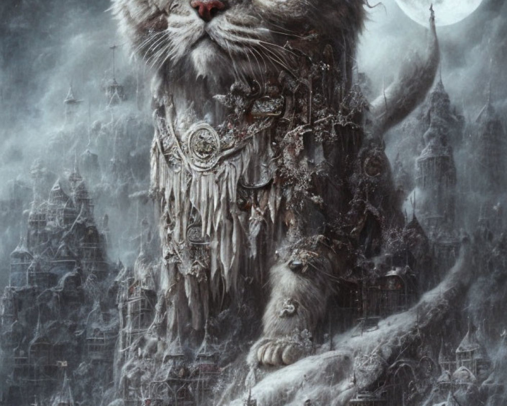 Giant stern cat with red eyes overlooking snowy medieval city