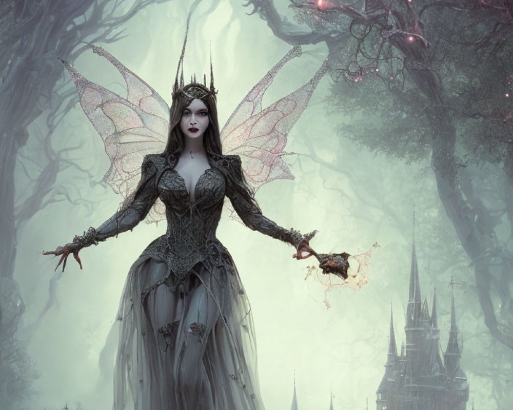 Gothic fairy with large wings in mystical forest with orbs and dark castle