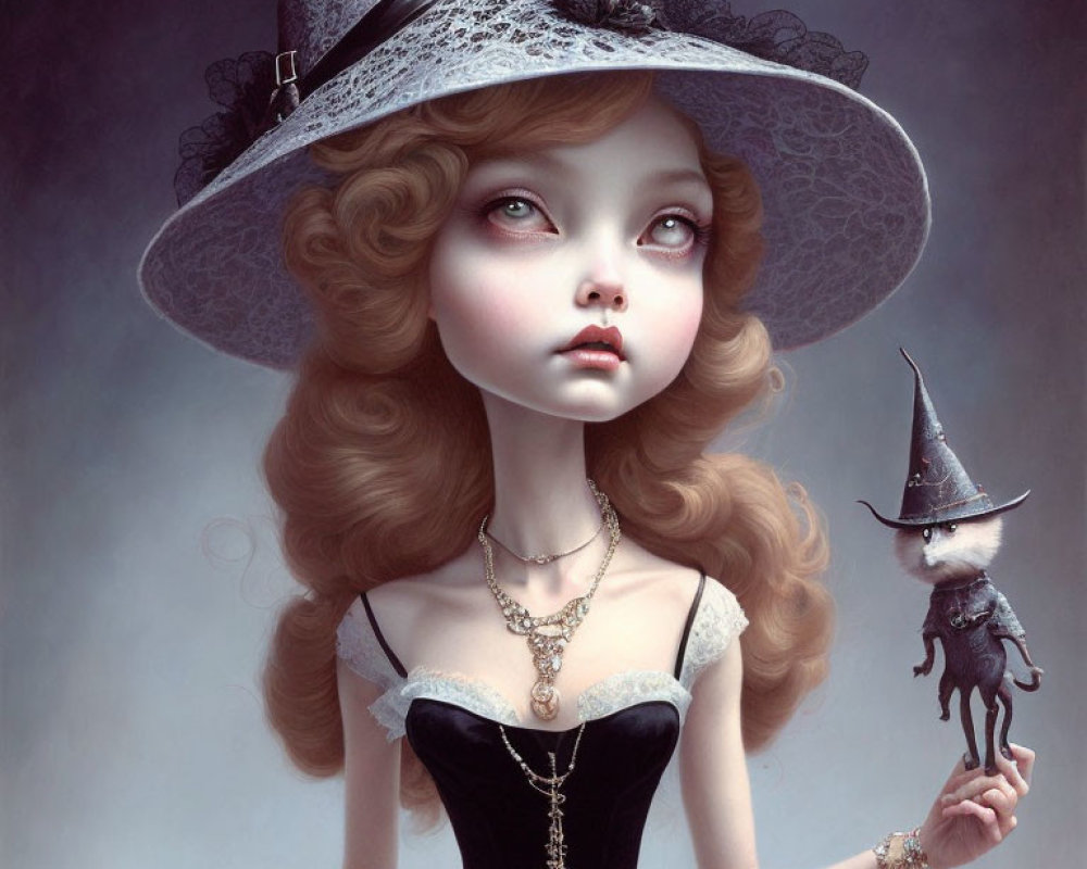 Stylized painting of young girl with large eyes in witch's hat and whimsical creatures