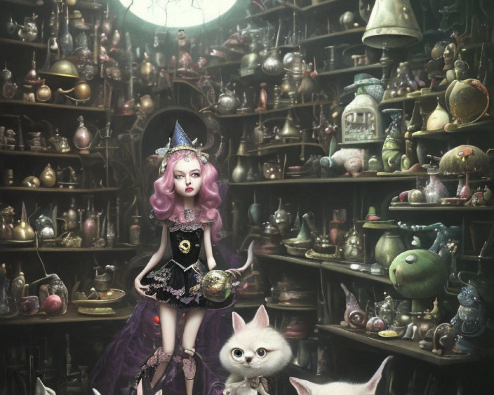 Whimsical illustration of girl with pink hair in dark room full of cats and magical items