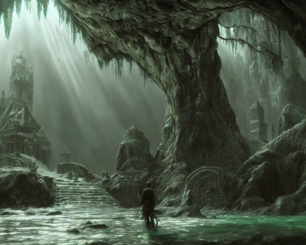 Figure in Ancient Submerged City Under Massive Tree