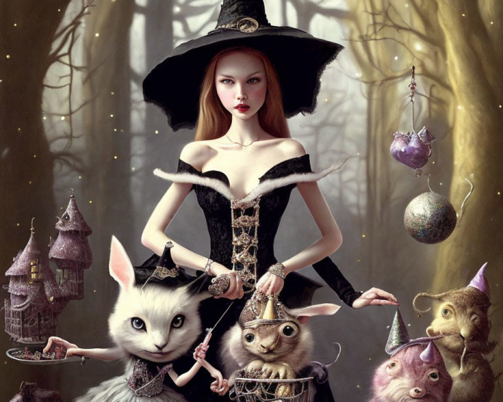 Fantasy scene: Witch in wide-brimmed hat surrounded by mystical forest and creatures.