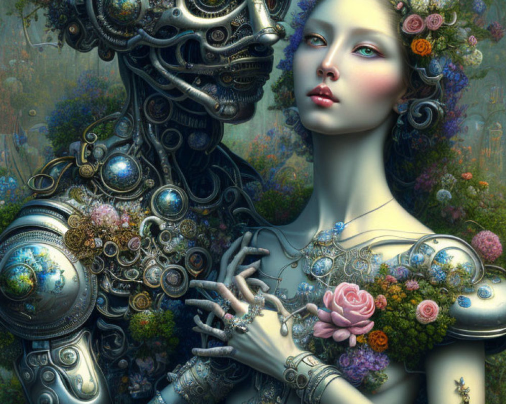 Surreal humanoid robot and woman adorned with flowers in fantastical setting