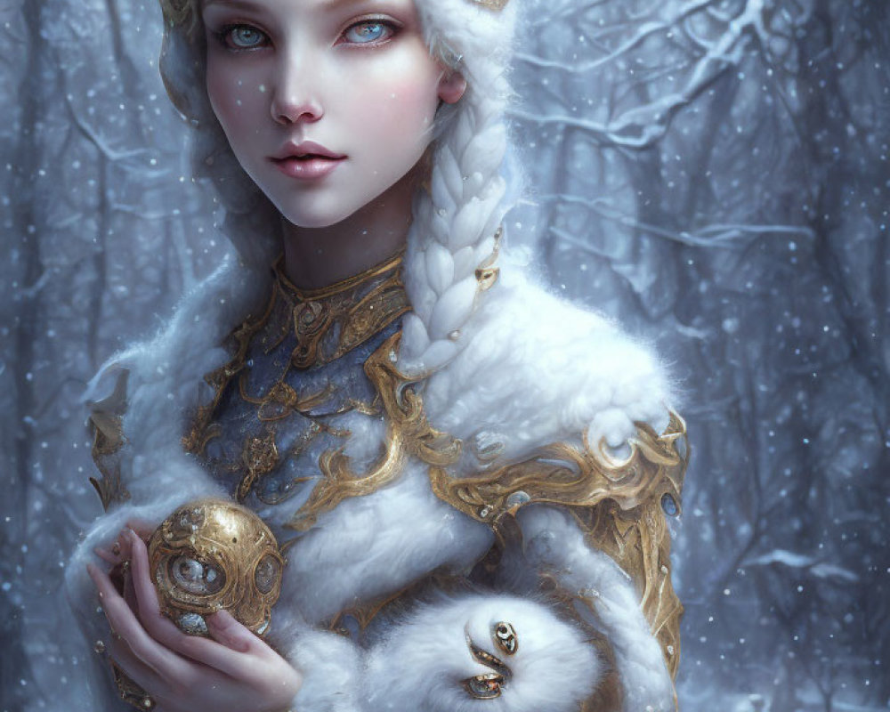 Woman in ornate white and gold winter outfit with gold orb and white weasel, snowy tree backdrop