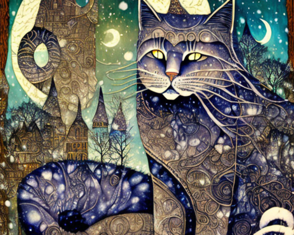 Illustration of large cat under starry sky with crescent moon, castle, and trees