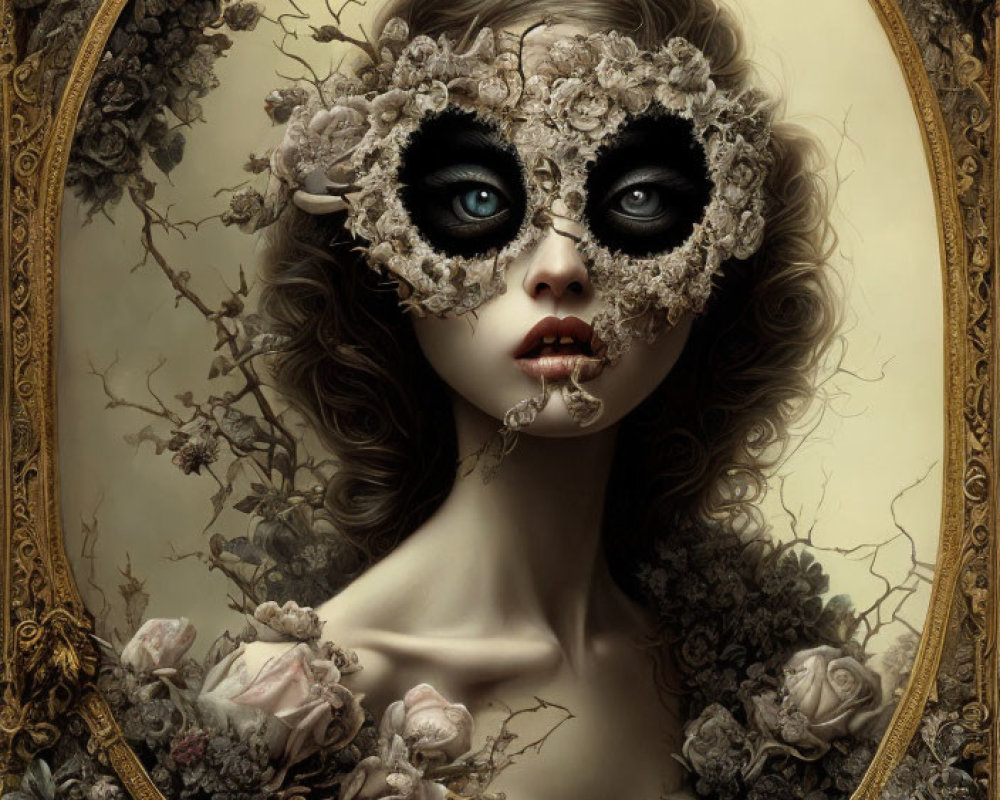 Detailed portrait of woman in floral mask, framed in vintage gold, with dark roses.