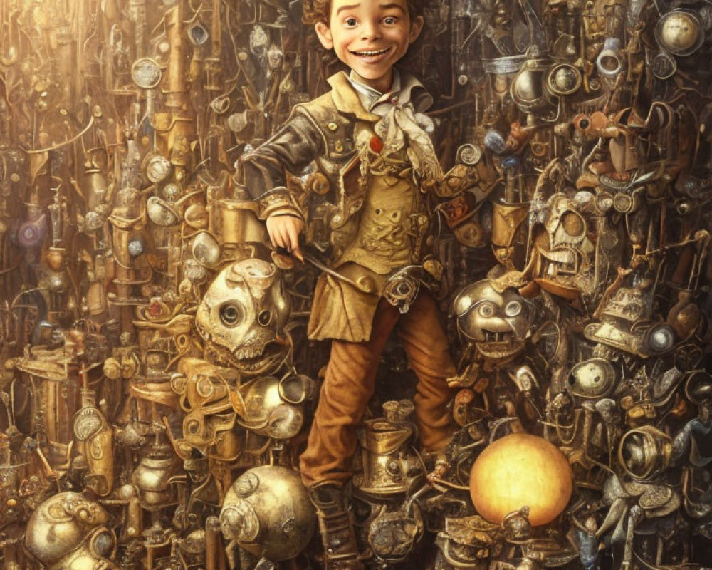 Young boy in vintage attire surrounded by whimsical steampunk contraptions and oddities.