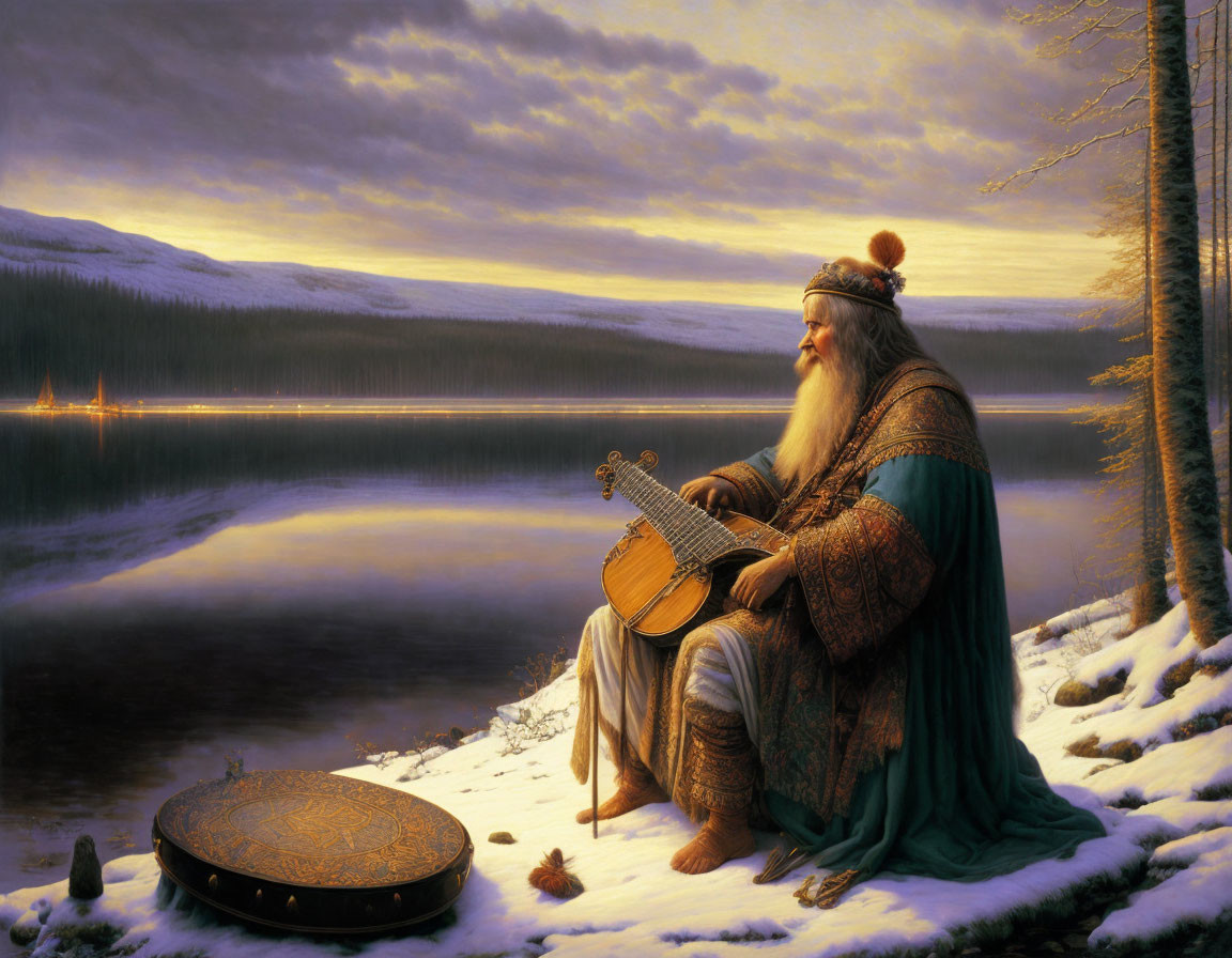 Elderly bearded man in regal medieval attire playing a stringed instrument by a tranquil lake