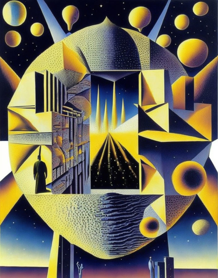 Geometric surreal landscape with celestial bodies, pyramids, figures, and staircases in yellow and blue