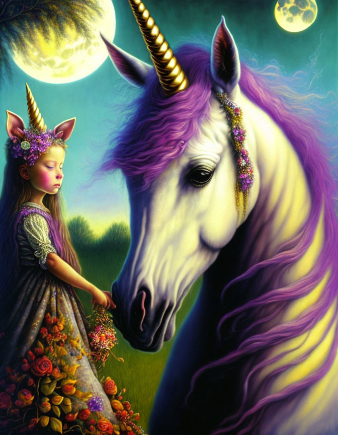 Young girl in purple dress with unicorn headband beside majestic unicorn in moonlit flower field