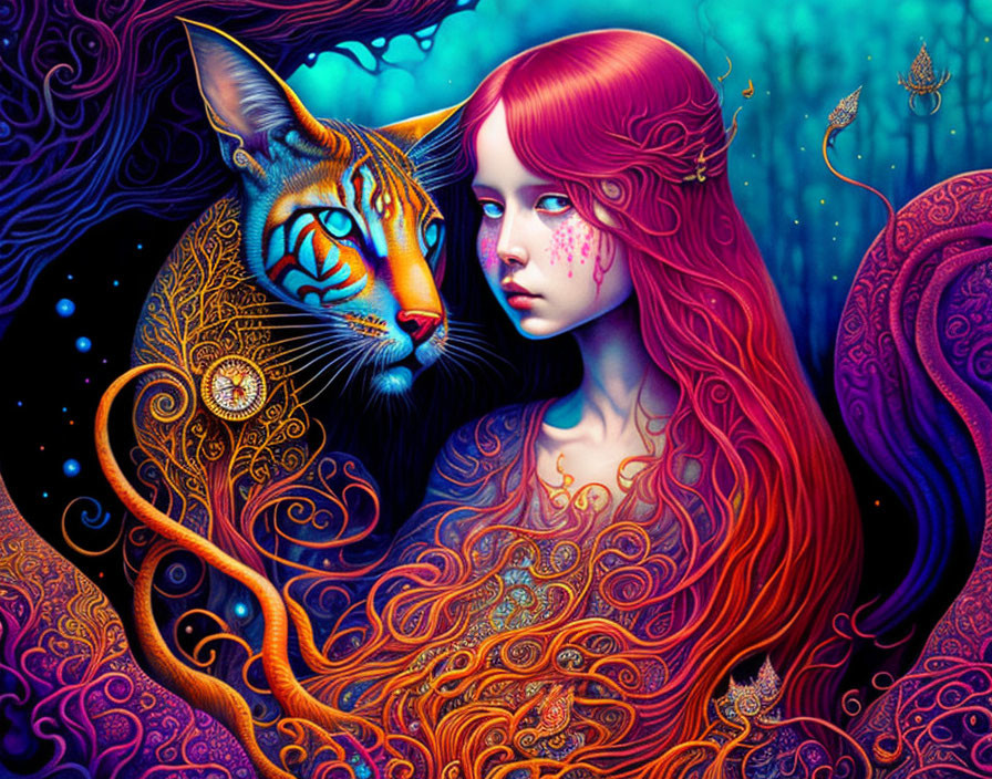 Colorful illustration of a red-haired woman and mystical cat against a starry blue background with tribal patterns