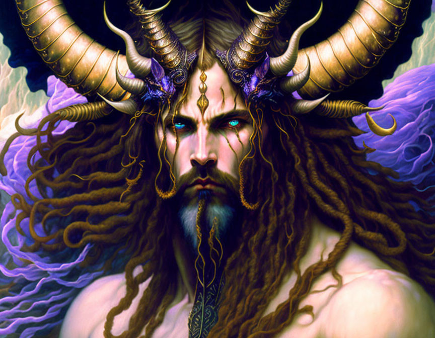 Mythical male figure with horns on vibrant purple background