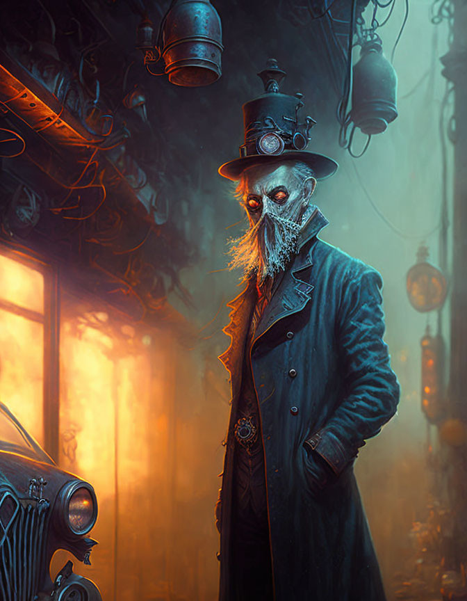 Steampunk character with top hat, goggles, and mechanical monocle in industrial setting.