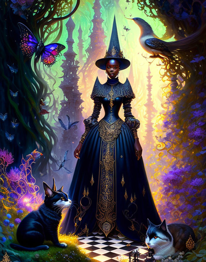 Mystical figure in dark dress with gold trim in vibrant forest