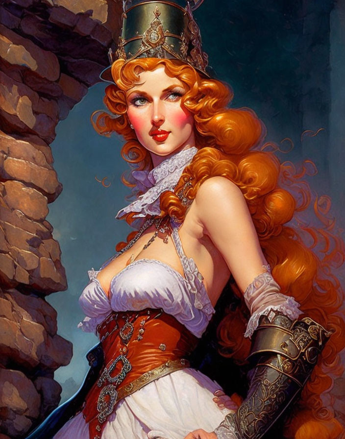 Voluminous curly red hair woman in purple corset and golden headgear on rocky backdrop