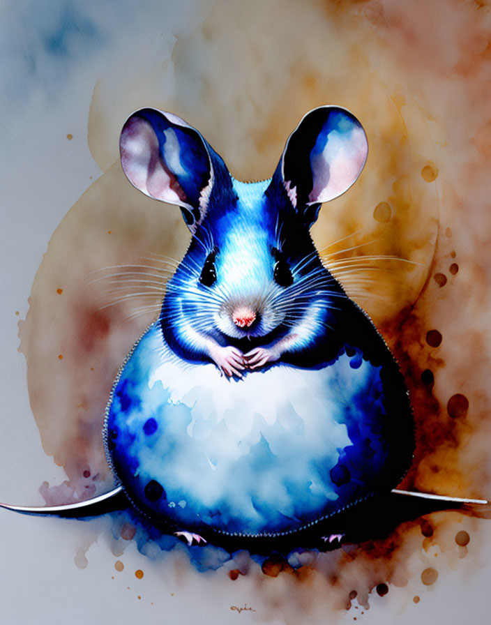 Colorful watercolor illustration of a cute mouse with blue and white fur