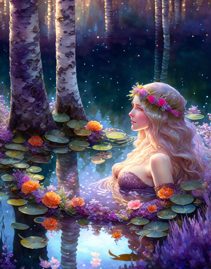 Tranquil pond scene with woman, floral crown, birch trees, water lilies, and