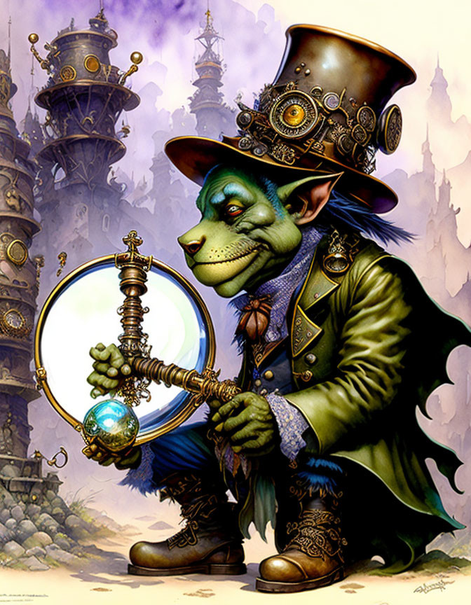 Steampunk goblin with magnifying glass and glowing orb in fantasy setting