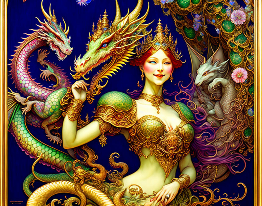 Vivid red-haired woman in golden armor with colorful dragons