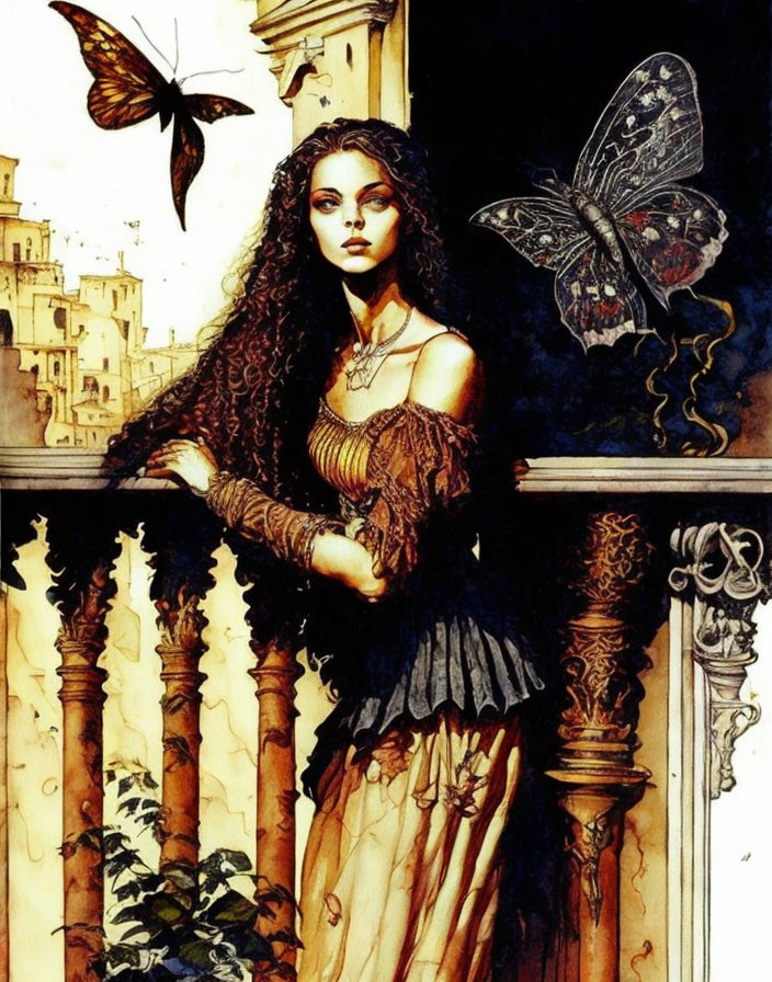 Gothic woman with long curly hair on balcony with butterflies and old buildings