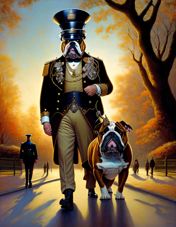 Whimsical painting: Bulldogs in ceremonial uniforms in autumn park