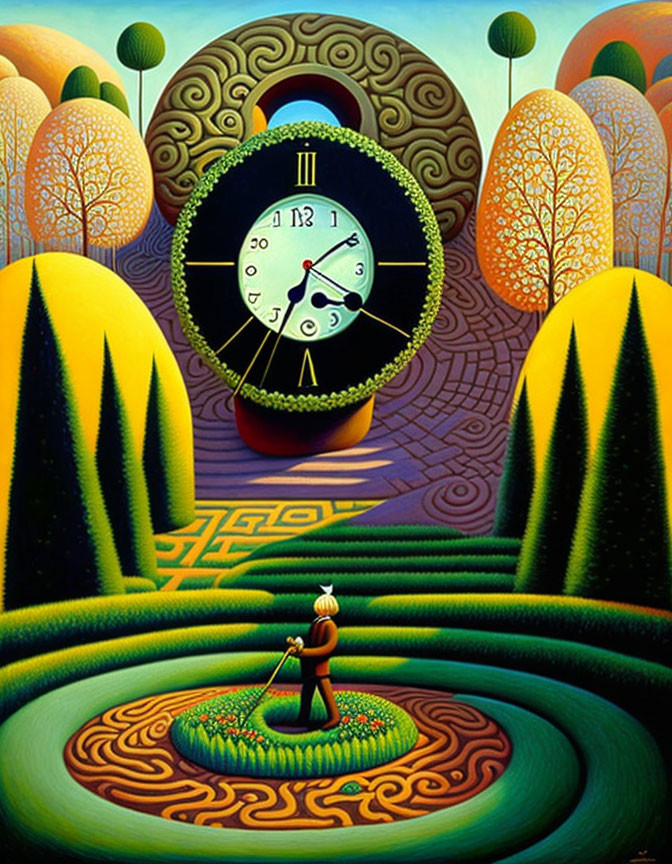 Vibrant surrealist painting of figure raking garden under floating clock