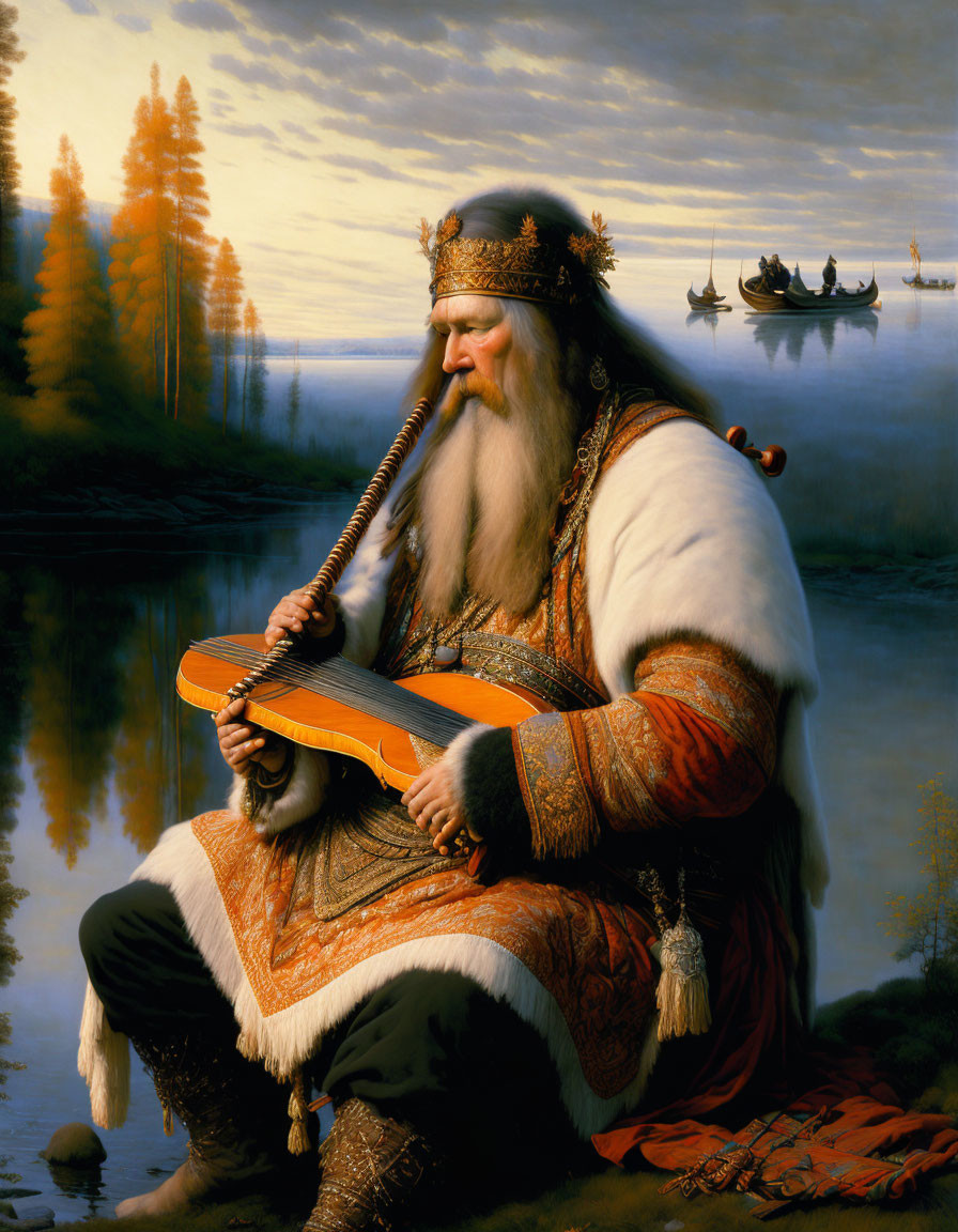 Traditional Russian Attire: Bearded Man Playing Gusli by River at Sunset