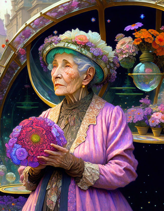 Elderly woman in purple outfit with floral hat holding vibrant orb against cosmic backdrop