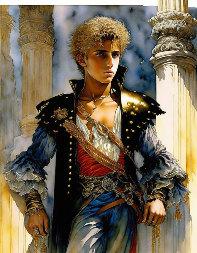 Young man in ornate military uniform by stone pillars