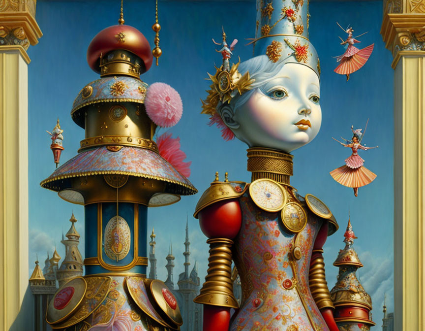 Intricate artwork of robot girl in whimsical setting