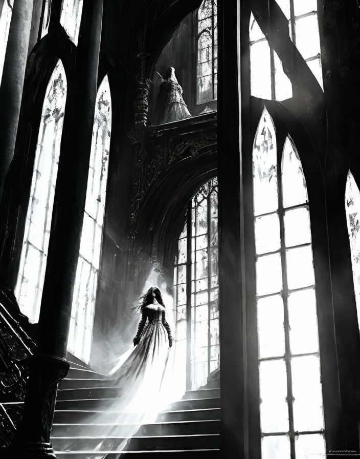 Bride in Long Dress Ascending Gothic Cathedral Staircase