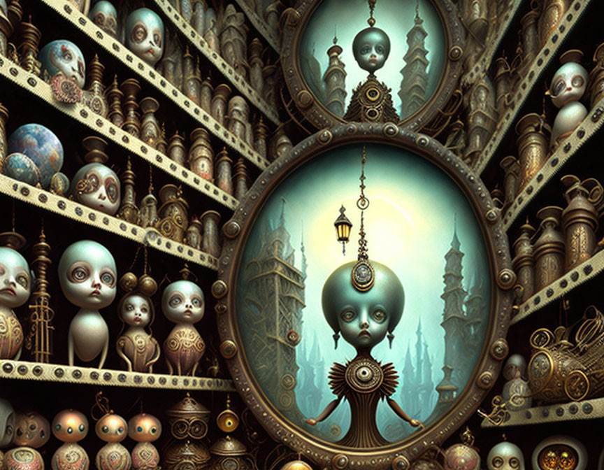 Surreal steampunk artwork with doll-like figures