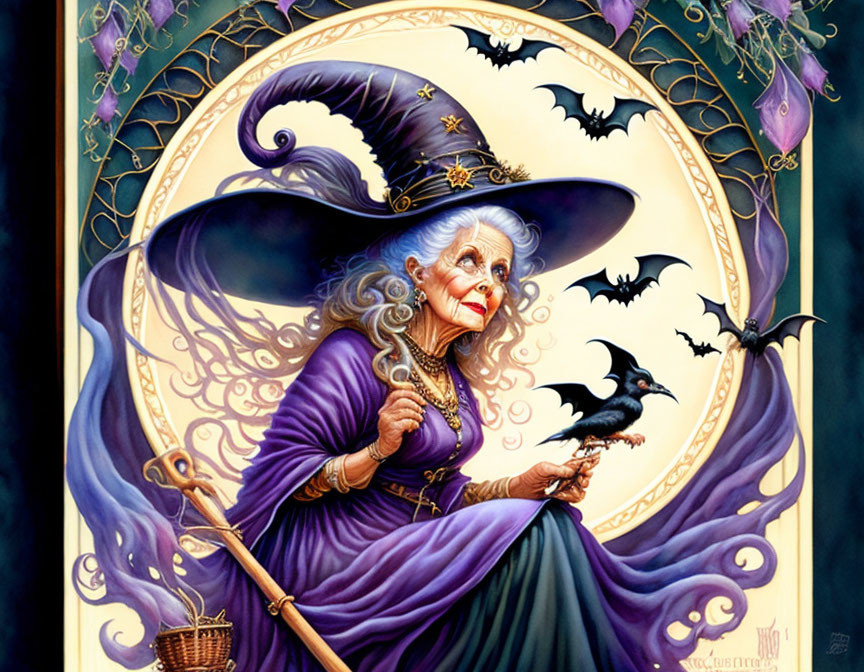 Elderly witch in purple robe with bats, raven, broomstick, and magical motifs