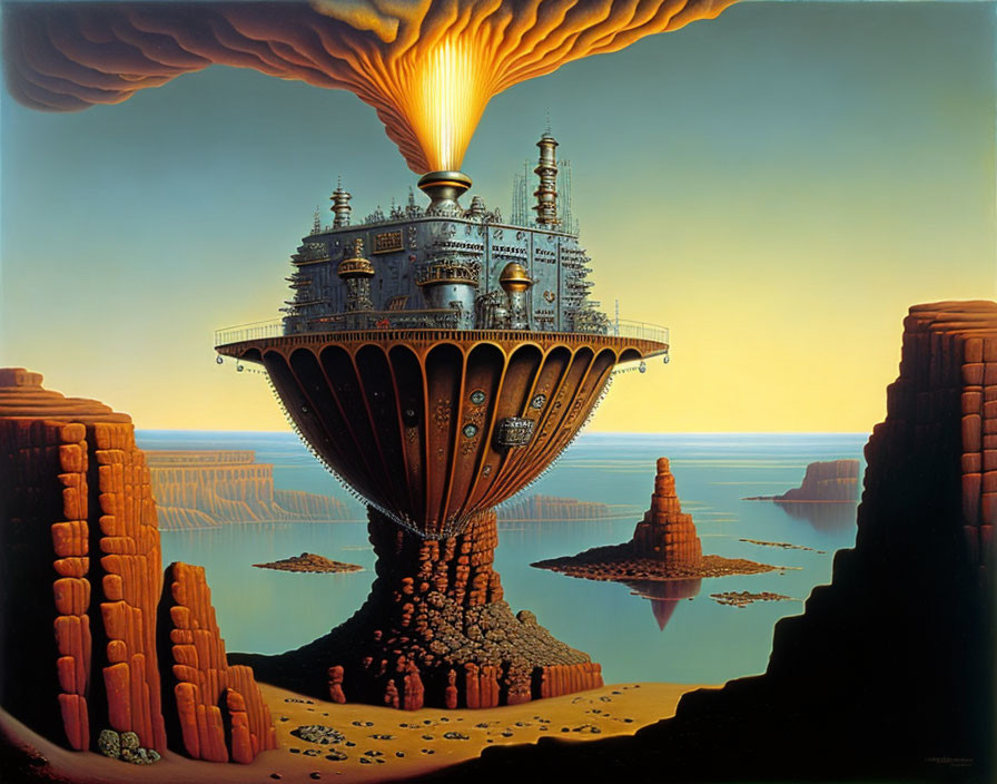 Surreal painting of fantastical ship above rocky landscape