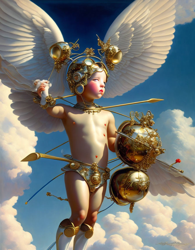 Surrealistic painting of child-like figure with wings and golden accessories in cloudy sky