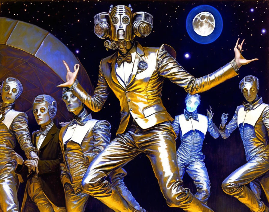 Five humanoid robots in suits and bow ties on cosmic stage