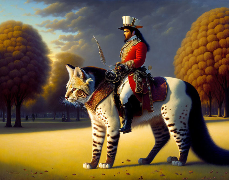 Historical military uniform rider on giant cat in golden landscape