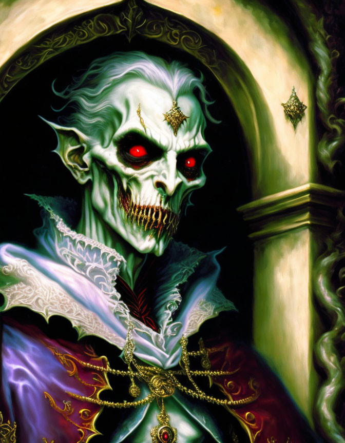 Regal undead skeleton in ornate costume with red eyes