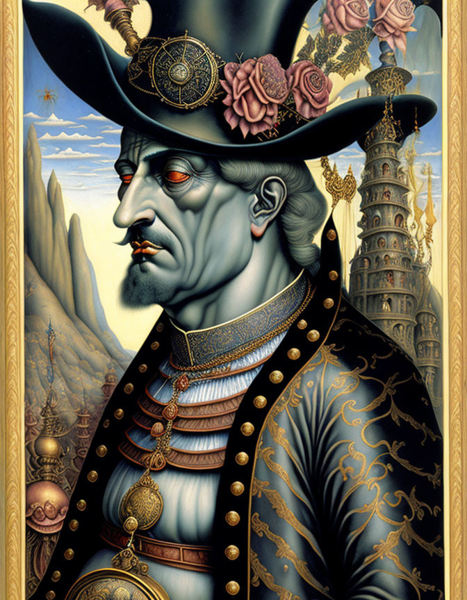 Stylized portrait of man with tall hat, roses, blue jacket, and castle backdrop